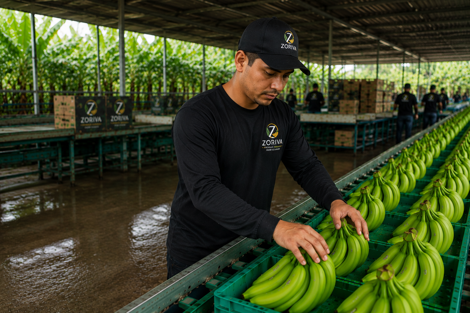 Zoriva worker inspecting bananas in packing facility